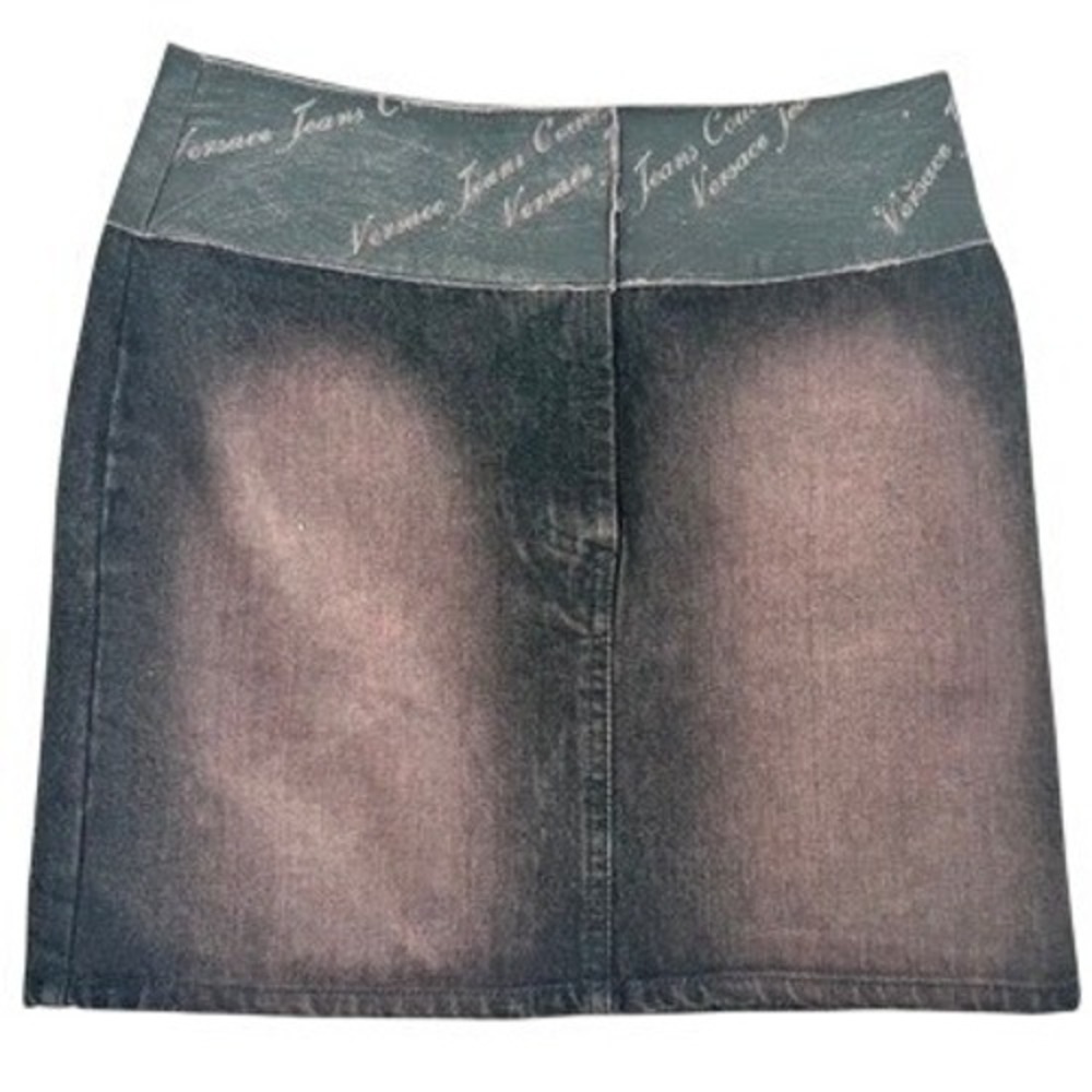 Versace Jeans Couture Denim Mini Skirt Womens 40 Black Pink‎ Fade Leather Logo